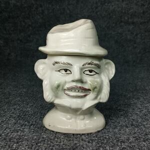 Vintage Figural Head Jar Man with Hat Ceramic Container Lid Kitsch Creepy Decor